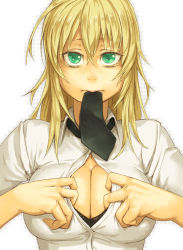 Rule 34 | 1girl, bad id, bad pixiv id, bags under eyes, black bra, blonde hair, bra, breasts, cleavage, cleavage reach, green eyes, large breasts, long hair, looking at viewer, mouth hold, mustard seeds, necktie, original, paizuri invitation, pov, shirt, solo, underwear, upper body, white background, white shirt, yuuji (and)