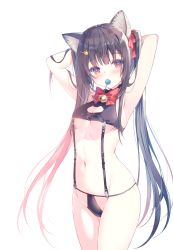 Rule 34 | 1girl, absurdres, animal ears, armpits, arms behind head, arms up, bell, black hair, blush, bow, breasts, candy, cat cutout, cat ears, cleavage, cleavage cutout, clothing cutout, food, hair ornament, hairclip, highres, jingle bell, lollipop, long hair, looking at viewer, miwabe sakura, mole, mole under eye, mouth hold, navel, original, red eyes, scan, simple background, skindentation, small breasts, solo, stomach, suspenders, thighs, twintails, underwear, underwear only, very long hair, white background