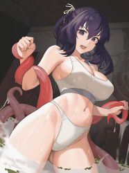 Rule 34 | 1girl, bound, bra, breasts, cleavage, clothing cutout, covered erect nipples, crop top, distressed, dripping, eiyuu densetsu, highleg, highleg panties, highres, holding another&#039;s wrist, imminent rape, in water, large breasts, monster, navel, navel cutout, panties, purple eyes, purple hair, restrained, rixia mao, scared, skindentation, slime (substance), sports bra, sportswear, tentacle grab, tentacles, thick thighs, thighs, underwear, wangxiii, water, wet, white bra, white panties