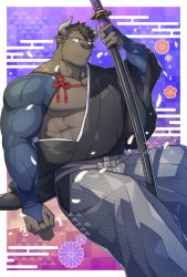 Rule 34 | 1boy, 2021, abs, animal ears, asymmetrical sleeves, bara, bare pectorals, black hair, black kimono, brown fur, chinese zodiac, cow ears, cow horns, feet out of frame, furry, furry male, hadanugi dousa, hakama, hakama pants, happy new year, head tilt, highres, holding, holding sword, holding weapon, horns, igote, japanese clothes, katana, kimono, large pectorals, light smile, looking at viewer, male focus, midriff peek, minotaur, muscular, muscular male, musou luf, new year, nipples, open clothes, open kimono, original, pants, pectorals, sheath, sheathed, short hair, short kimono, sitting, solo, sword, undressing, uneven sleeves, weapon, year of the ox