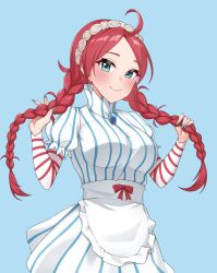 Rule 34 | 1girl, absurdres, ahoge, apron, aqua nails, blue eyes, braid, closed mouth, commission, commissioner upload, cosplay, dress, fingernails, fire emblem, fire emblem fates, frilled apron, frills, hairband, highres, long fingernails, looking at viewer, low twin braids, low twintails, nail polish, nina (fire emblem), nintendo, parted bangs, red hair, smile, striped clothes, striped dress, striped sleeves, twin braids, twintails, vertical-striped clothes, vertical-striped dress, wendy&#039;s, wendy (wendy&#039;s), wendy (wendy&#039;s) (cosplay), white hairband