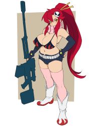 Rule 34 | 1girl, anti-materiel rifle, bad id, bad pixiv id, belt, bikini, bikini top only, blush, boots, breasts, cleavage, covering own mouth, full body, gun, hair ornament, highres, huge breasts, long hair, looking at viewer, mikoyan, navel, pink thighhighs, ponytail, red hair, rifle, scarf, short shorts, shorts, skull hair ornament, sniper rifle, solo, standing, studded belt, studded bracelet, swimsuit, tengen toppa gurren lagann, thighhighs, weapon, yellow eyes, yoko littner