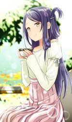 Rule 34 | 1girl, abe kanari, bare shoulders, blue hair, blurry, blurry background, casual, collarbone, cup, folded hair, frills, from side, hair ornament, hairclip, hands up, high-waist skirt, high school fleet, highres, holding, holding cup, lens flare, light blush, long hair, long sleeves, looking ahead, marikouji kaede, off-shoulder shirt, off shoulder, one side up, outdoors, pink skirt, shirt, sitting, skirt, sleeve ribbon, sleeves past wrists, smile, solo, table, teacup, tree, yellow eyes
