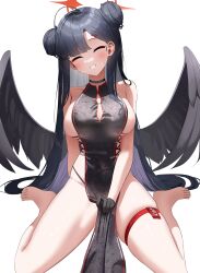 Rule 34 | 1girl, absurdres, bare shoulders, barefoot, black choker, black hair, black wings, blue archive, blush, breasts, china dress, chinese clothes, choker, cleavage cutout, closed eyes, clothing cutout, double bun, dress, feathered wings, grin, hair bun, hair ornament, hairclip, halo, highres, ichika (blue archive), large breasts, long hair, looking at viewer, low wings, nicorima, pelvic curtain, side slit, simple background, sitting, smile, solo, thigh strap, thighs, very long hair, wariza, white background, wings