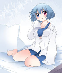 Rule 34 | 1girl, bare legs, bed, blue eyes, blue hair, blush, dress shirt, hammer (sunset beach), heterochromia, matching hair/eyes, on bed, oversized clothes, oversized shirt, pillow, red eyes, shirt, short hair, shorts, sitting, sleeves past wrists, smile, solo, tank top, tatara kogasa, tongue, tongue out, touhou
