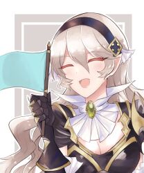 Rule 34 | 1girl, armor, black armor, blue flag, breasts, cleavage, closed eyes, corrin (female) (fire emblem), corrin (fire emblem), fire emblem, fire emblem fates, fire emblem heroes, flag, gauntlets, gem, highres, holding, holding flag, long hair, medium breasts, n 54, neckerchief, nintendo, official alternate costume, open mouth, smile, solo, upper body, white hair, white neckerchief