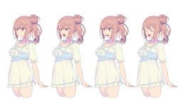 Rule 34 | 1girl, :d, arms at sides, blush, bow, breasts, brown eyes, brown hair, closed mouth, cropped legs, enkyo yuuichirou, closed eyes, hair bun, highres, light blush, medium breasts, medium hair, multiple views, nightgown, one side up, open mouth, original, round teeth, simple background, single hair bun, smile, standing, tears, teeth, upper teeth only, wavy mouth, white background, white bow