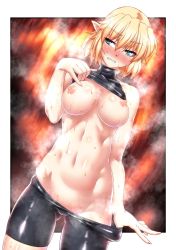 Rule 34 | 1girl, bare arms, bare shoulders, bike shorts, blonde hair, blush, breasts, clenched teeth, clothes pull, cowboy shot, gluteal fold, green eyes, groin, highres, looking at viewer, medium breasts, mizuhashi parsee, navel, nipples, nose blush, ootsuki wataru, pointy ears, pulling own clothes, short hair, shorts, shorts pull, sleeveless, sleeveless turtleneck, solo, steam, stomach, sweat, teeth, touhou, turtleneck, undershirt