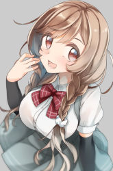Rule 34 | 1girl, blush, bow, bowtie, braid, breasts, comah, gradient background, hair between eyes, highres, kantai collection, large breasts, light brown hair, long hair, looking at viewer, minegumo (kancolle), open mouth, plaid, plaid bow, plaid bowtie, plaid neckwear, pleated skirt, red bow, red bowtie, red eyes, school uniform, shirt, short sleeves, skirt, solo, suspender skirt, suspenders, twin braids, white shirt