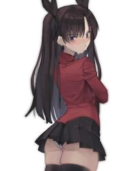 Rule 34 | 1girl, absurdres, ass, black hair, black skirt, blue eyes, blush, commentary, deko morii, english commentary, fate/stay night, fate (series), hair ribbon, highres, long hair, long sleeves, looking back, looking down, panties, pantyshot, pleated skirt, red shirt, ribbon, shirt, skirt, solo, sweat, thighhighs, tohsaka rin, turtleneck, twintails, underwear, white background, white panties, zettai ryouiki