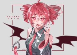Rule 34 | 1girl, ahoge, bad id, bad twitter id, bare shoulders, belt, black shirt, black sleeves, blood, blood from mouth, blood on hands, bright pupils, character name, commentary, demon wings, detached sleeves, drill hair, grey background, hand up, highres, kasane teto, nail polish, nu nu s2, open mouth, red eyes, red hair, red nails, shirt, short hair, sleeveless, sleeveless shirt, solo, twin drills, upper body, utau, white pupils, wings