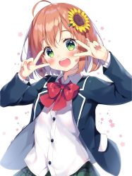 Rule 34 | 1girl, :d, ahoge, blue jacket, blush, bow, brown hair, collared shirt, commentary request, double v, dress shirt, flower, green eyes, green skirt, hair between eyes, hair flower, hair ornament, hairclip, honma himawari, jacket, long sleeves, looking at viewer, nijisanji, open clothes, open jacket, open mouth, pan (mimi), plaid, plaid skirt, pleated skirt, red bow, round teeth, shirt, simple background, skirt, smile, solo, sunflower, sunflower hair ornament, teeth, upper teeth only, v, v over eye, virtual youtuber, white background, white shirt, yellow flower