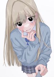 Rule 34 | 1girl, black eyes, blonde hair, blue neckerchief, blush, clothes pull, collared shirt, commentary, crying, eyelashes, finger to cheek, fingernails, from above, grey sweater, hair behind ear, hair between eyes, hamafugu, heart, heart-shaped pupils, highres, legs, long eyebrows, long fingernails, long hair, long sleeves, looking at viewer, nail polish, neckerchief, open mouth, original, pink nails, plaid, plaid skirt, pleated skirt, pov, school uniform, shirt, simple background, skirt, solo, standing, sweater, swept bangs, symbol-shaped pupils, tearing up, teeth, white background, white shirt