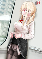 Rule 34 | 1girl, black skirt, blonde hair, blush, breasts, closed mouth, clothes lift, collared shirt, commentary request, cowboy shot, day, frown, gusset, highres, indoors, large breasts, lifted by self, long hair, long sleeves, looking away, looking to the side, miniskirt, neck ribbon, oouso, original, panties, panties under pantyhose, pantyhose, pleated skirt, red eyes, red ribbon, ribbon, shirt, sidelocks, skirt, skirt lift, solo, thighband pantyhose, twintails, underwear, upskirt, white panties, white shirt