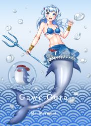 Rule 34 | 1girl, :d, absurdres, adapted costume, air bubble, anchor symbol, bare shoulders, bikini, bikini top only, bloomers, bloop (gawr gura), blue background, blue bikini, blue eyes, blue hair, blue hairband, blue nails, blue skirt, blunt bangs, blush, bracer, breasts, bubble, character name, chinese commentary, claw pose, cleavage, collarbone, commentary request, drooling, fingernails, fins, frilled bikini, frills, full body, gawr gura, gold bracelet, groin, hair ornament, hairband, hat, head fins, highres, hip bones, holding, holding weapon, hololive, hololive english, kneeless mermaid, long fingernails, long hair, looking at viewer, medium breasts, mermaid, midriff, miniskirt, monster girl, monsterification, nail polish, navel, open mouth, polearm, red headwear, seigaiha, shark, sharp teeth, sidelocks, skirt, smile, solo focus, swimsuit, teeth, trident, twitter username, two side up, underwear, upper teeth only, virtual youtuber, weapon, yishengdou huaji