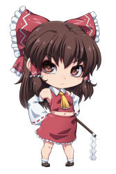 Rule 34 | 1girl, ascot, bow, brown eyes, chibi, closed mouth, detached sleeves, gohei, hair bow, hair tubes, hakurei reimu, highres, looking at viewer, medium hair, midriff, navel, ootsuki wataru, red bow, red skirt, simple background, skirt, solo, standing, touhou, white background, white sleeves, yellow ascot
