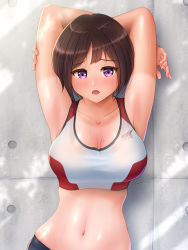 Rule 34 | 1girl, absurdres, against wall, armpits, arms behind head, arms up, blush, breasts, brown hair, cleavage, collarbone, hair between eyes, highres, large breasts, looking at viewer, navel, open mouth, original, presenting armpit, purple eyes, see-through, short hair, sports bra, sportswear, stomach, sweat, sweaty clothes, syzne, tan, tanline, two-tone sports bra, upper body