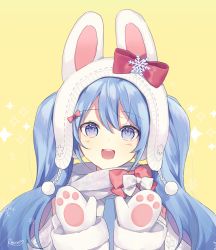 Rule 34 | 1girl, :d, animal ears, animal hat, beanie, blue eyes, blue hair, blush, bow, commentary, english commentary, hair between eyes, hands up, hat, hatsune miku, head tilt, jacket, long hair, long sleeves, mittens, open mouth, rabbit ears, rabbit hat, red bow, round teeth, silltare, smile, snowflakes, solo, sparkle, teeth, twintails, twitter username, upper body, upper teeth only, vocaloid, white hat, white jacket, white mittens, yellow background, yuki miku