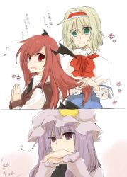 Rule 34 | 3girls, :d, alice margatroid, aqua eyes, bat wings, blonde hair, blue dress, brown dress, capelet, crescent, dress, flying sweatdrops, hairband, hat, head wings, highres, holding, holding own hair, koakuma, low wings, multiple girls, open mouth, patchouli knowledge, playing with another&#039;s hair, purple eyes, purple hair, red eyes, red hair, smile, touhou, translation request, watching, wings, yuuta (monochrome)