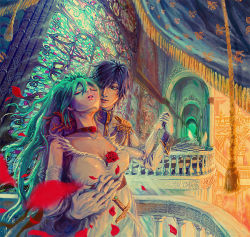 Rule 34 | 1boy, 1girl, aqua hair, blue eyes, blue hair, cendrillon (vocaloid), chaky, choker, collarbone, curtains, dagger, closed eyes, flower, hatsune miku, kaito (vocaloid), knife, long hair, manly, petals, rose, stained glass, twintails, very long hair, vocaloid, weapon