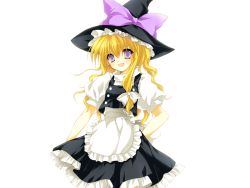 Rule 34 | 1girl, apron, blonde hair, buttons, dress, female focus, game cg, hair ribbon, hat, kirisame marisa, long hair, open mouth, purple eyes, ribbon, riv (rivleaf), smile, solo, tachi-e, touhou, transparent background, witch, witch hat