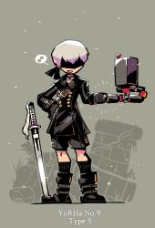Rule 34 | 1boy, absurdres, android, black blindfold, black choker, black footwear, black gloves, black jacket, black shorts, black socks, blindfold, boots, character name, choker, fist bump, floating, gloves, grey background, hand on own hip, highres, jacket, male focus, musical note, nier:automata, nier (series), open mouth, pod (nier:automata), rariatto (ganguri), short hair, shorts, simple background, smile, socks, standing, sword, weapon, white hair, 9s (nier:automata)