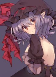 Rule 34 | 1girl, alternate costume, back, bare back, bat wings, black dress, dress, eyes visible through hair, from behind, hands on own chest, hat, highres, layered sleeves, light purple hair, long sleeves, looking at viewer, mob cap, pointy ears, puffy short sleeves, puffy sleeves, red eyes, remilia scarlet, short over long sleeves, short sleeves, simple background, slit pupils, solo, touhou, usamata, wings