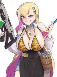Rule 34 | 1girl, absurdres, animal print, apron, bad id, bad pixiv id, between breasts, bikini, bikini top only, boryeon (last origin), breasts, character name, cleavage, colored inner hair, crossed bangs, grin, gun, gyaru, highres, holding razor, jewelry, kogal, last origin, leopard print, looking at viewer, mole, mole on breast, multicolored hair, multicolored nails, nail polish, name tag, necklace, razor, razor blade, ring, ring necklace, scemonkey, scissors, shorts, silver choker, simple background, smile, solo, straight razor, strap between breasts, swimsuit, triangle hair ornament, weapon, white background