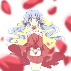 Rule 34 | 1girl, artist name, beyblade, beyblade: burst, blue hair, breasts, character name, closed mouth, dress, happy, heart, highres, kymhotii, legs, long dress, long hair, nishiro nya, petals, purple eyes, red dress, rose petals, self-upload, short twintails, simple background, small breasts, smile, twintails, wavy hair