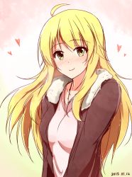 Rule 34 | 10s, 1girl, 2015, bad id, bad pixiv id, blonde hair, blush, collarbone, dated, eyebrows, gradient background, heart, hoshii miki, idolmaster, idolmaster (classic), jewelry, kiu (dear deer), long hair, looking at viewer, necklace, necktie, simple background, smile, solo, upper body, yellow eyes