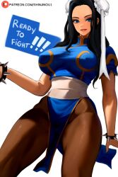 Rule 34 | 1girl, absurdres, black hair, blue eyes, bracelet, breasts, chinese clothes, chun-li (cosplay), cosplay, highres, jewelry, large breasts, long hair, nico robin, one piece, pantyhose, shinjinou1, spiked bracelet, spikes, street fighter