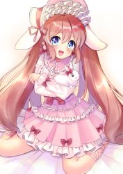 Rule 34 | 1girl, :d, absurdres, animal, animal ears, blue eyes, blush, bonnet, bow, center frills, collared dress, cross-laced footwear, crossed arms, dress, dress bow, earrings, frilled hat, frills, hat, highres, hinao, holding, holding animal, jewelry, layered skirt, lolita fashion, long hair, long sleeves, looking at viewer, open mouth, original, pink hair, rabbit, rabbit ears, rabbit girl, ribbon, ribbon trim, sitting, skirt, smile, solo, twintails, very long hair, wariza