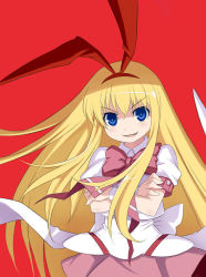 Rule 34 | 00s, 1girl, amae koromo, blue eyes, bow, bowtie, crossed arms, evil smile, gloves, head tilt, long hair, looking at viewer, maruto!, puffy short sleeves, puffy sleeves, red background, red bow, red bowtie, saki (manga), shaded face, short sleeves, simple background, smile, solo, white gloves