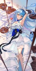 Rule 34 | 1girl, ahoge, blue flower, blue hair, blue rose, breasts, chocolate, cleavage, dress, elbow gloves, flower, gloves, heart, heart ahoge, highres, hololive, large breasts, long hair, lying, on back, pointy ears, rose, strapless, strapless dress, valentine, virtual youtuber, white dress, xyunx, yellow eyes, yukihana lamy