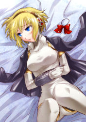 Rule 34 | 1girl, aegis (persona), android, atlus, bed sheet, blonde hair, blue eyes, blush, bow, breasts, large breasts, lying, persona, persona 3, segami daisuke, short hair, solo