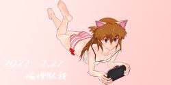 Rule 34 | 1girl, 2022, animal ears, artist request, ass, bare legs, barefoot, blue eyes, breasts, brown hair, cat ears, long hair, neon genesis evangelion, panties, pink background, playing games, short hair, smile, solo, souryuu asuka langley, striped clothes, striped panties, translation request, underwear, video game