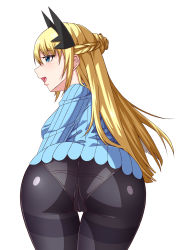 Rule 34 | 1girl, absurdres, ass, blonde hair, blue eyes, blush, breasts, cameltoe, cmcqc, dress, from behind, hairband, half updo, highres, huge ass, leaning, leaning forward, long hair, open mouth, panties, panties under pantyhose, pantyhose, reiley miller, senjou no valkyria (series), senjou no valkyria 4, shiny clothes, short dress, sideboob, skin tight, solo, underwear, very long hair