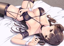 Rule 34 | 1girl, azur lane, bare shoulders, black thighhighs, blush, breasts, brown eyes, brown hair, center opening, cleavage, collarbone, covered erect nipples, criss-cross halter, fukuda shuushi, gloves, halterneck, hand up, highres, large breasts, long hair, looking at viewer, lying, navel, on back, one side up, race queen, revealing clothes, smile, solo, spread legs, thighhighs, very long hair, wrist cuffs, zuikaku (azur lane), zuikaku (the wind&#039;s true name) (azur lane)