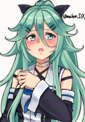 Rule 34 | 1girl, aqua eyes, blue neckerchief, blush, breasts, choker, detached sleeves, green hair, hair between eyes, highres, kantai collection, long hair, long sleeves, looking at viewer, maakun (makun dx), medium breasts, neckerchief, one-hour drawing challenge, open mouth, simple background, solo, twitter username, upper body, white background, white choker, yamakaze (kancolle)