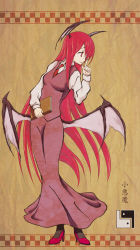 Rule 34 | 1girl, arm up, bat wings, black legwear, book, border, character name, collared shirt, commentary request, dress shirt, finger to mouth, full body, hair between eyes, hair over one eye, head wings, high heels, highres, holding, holding book, koakuma, long hair, long sleeves, looking to the side, low wings, necktie, red eyes, red footwear, red hair, red necktie, shirt, shoes, shushing, skirt, skirt set, solo, tan background, touhou, very long hair, wings, yume no kunitarou