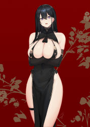 Rule 34 | 1girl, black dress, black gloves, black hair, blush, breasts, china dress, chinese clothes, cleavage, cleavage cutout, clothing cutout, crossed arms, dress, earrings, elbow gloves, floral background, gloves, hayabusa, highres, jewelry, large breasts, long hair, looking at viewer, mole, mole on breast, mole under eye, mole under mouth, open mouth, original, pelvic curtain, purple eyes, red background, sleeveless, solo, standing, thigh strap, thighs