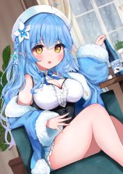 Rule 34 | 1girl, absurdres, ahoge, beret, blouse, blue bow, blue bowtie, blue coat, blue hair, blue nails, blue skirt, blush, bottle, bow, bowtie, braid, breasts, center frills, cleavage, cleavage cutout, clothing cutout, coat, commentary request, corset, daifuku (yukihana lamy), dutch angle, elf, flower, frilled skirt, frills, fur-trimmed coat, fur trim, hair between eyes, hair flower, hair ornament, half updo, hat, heart, heart ahoge, highres, hololive, indoors, kohe billialot, large breasts, long hair, long sleeves, looking at viewer, multicolored hair, nail polish, off shoulder, on chair, open clothes, open coat, open mouth, plant, pointy ears, potted plant, shirt, sitting, skirt, solo, streaked hair, virtual youtuber, white flower, white hat, white shirt, window, yellow eyes, yukihana lamy