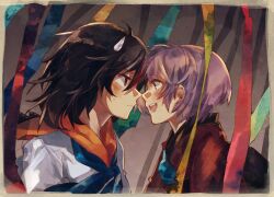Rule 34 | 2girls, ahoge, black hair, closed mouth, commentary, english commentary, from side, grey horns, highres, horns, japanese clothes, kabocha1408, kijin seija, kimono, looking at another, multicolored hair, multiple girls, noses touching, open mouth, purple eyes, purple hair, red eyes, red hair, red kimono, short hair, streaked hair, sukuna shinmyoumaru, sweatdrop, touhou, upper body, white hair