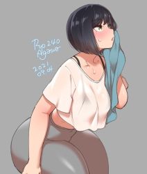 Rule 34 | 1girl, agawa ryou, black hair, blouse, bob cut, breasts, crop top, crop top overhang, dated, grey background, grey leggings, large breasts, leggings, original, pants, see-through, see-through shirt, shirt, simple background, solo, sweat, sweatpants, swept bangs, thick thighs, thighs, white shirt