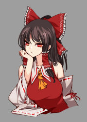 Rule 34 | 1girl, :/, ascot, bow, breasts, brown hair, commentary request, cropped torso, detached sleeves, elbow rest, frilled shirt collar, frills, grey background, hair bow, hair tubes, hakurei reimu, hand on own face, large breasts, long hair, long sleeves, looking at viewer, nontraditional miko, ponytail, raptor7, red bow, red eyes, red vest, ribbon-trimmed sleeves, ribbon trim, simple background, solo, touhou, upper body, vest, yellow ascot