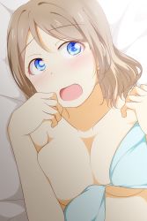 Rule 34 | 1girl, aqua bra, artist name, bare shoulders, blue eyes, blush, bra, breasts, collarbone, feitonokesin, female focus, grey hair, highres, light brown hair, looking at viewer, love live!, love live! sunshine!!, lying, medium breasts, on bed, parted lips, short hair, solo, surprised, underwear, watanabe you
