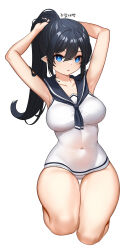 Rule 34 | 1girl, adjusting hair, armpits, arms up, bare arms, bare legs, black hair, black sailor collar, blue eyes, breasts, bright pupils, collarbone, covered navel, curvy, dopamine70, expressionless, full body, groin, hair between eyes, hand in own hair, highres, large breasts, legs, long hair, one-piece swimsuit, original, parted lips, pointy ears, ponytail, sailor collar, seiza, sidelocks, simple background, sitting, solo, swimsuit, thigh gap, thighs, white background, white one-piece swimsuit, wide hips