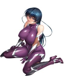 Rule 34 | 1girl, aqua eyes, bare shoulders, blue hair, bodysuit, breasts, covered collarbone, covered navel, elbow gloves, fishnets, full body, gloves, highres, igawa asagi, kagami hirotaka, large breasts, lilith-soft, lipstick, long hair, looking at viewer, makeup, official art, parted lips, shiny clothes, shiny skin, simple background, sitting, skin tight, sleeveless, smile, solo, taimanin (series), taimanin asagi, thighhighs, wariza, white background