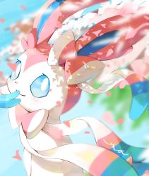 Rule 34 | blue eyes, blurry, blush, bright pupils, closed mouth, creatures (company), falling petals, game freak, gen 6 pokemon, highres, nintendo, no humans, petals, pokemon, pokemon (creature), signature, smile, solo, surumeika (ninfiiiir), sylveon, symbol-only commentary, white pupils