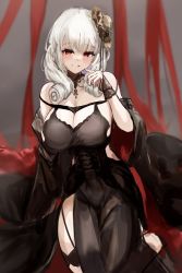 Rule 34 | 1girl, absurdres, azur lane, black dress, breasts, cleavage, detached collar, dress, drill hair, drill sidelocks, evening gown, hat, highres, large breasts, long hair, looking at viewer, luetzow (azur lane), luetzow (everlasting blood banquet) (azur lane), mini hat, official alternate costume, plain 64, red eyes, sidelocks, sleeveless, sleeveless dress, solo, white hair
